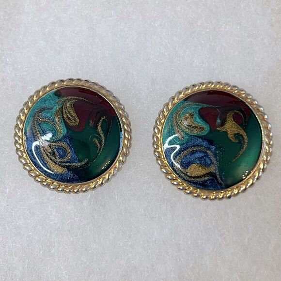 Hand Crafted Jewelry - Vintage Style Hand Crafted Gold Tone & Epoxy Paint Swirl Design Pierced Earrings
